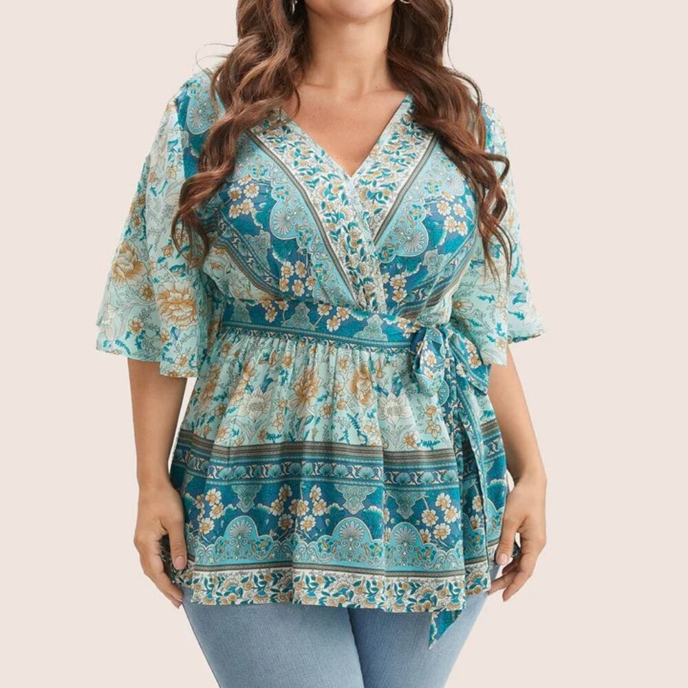 NWT BloomChic Floral Print Ruffles Belted Wrap Blouse 14-16 1x